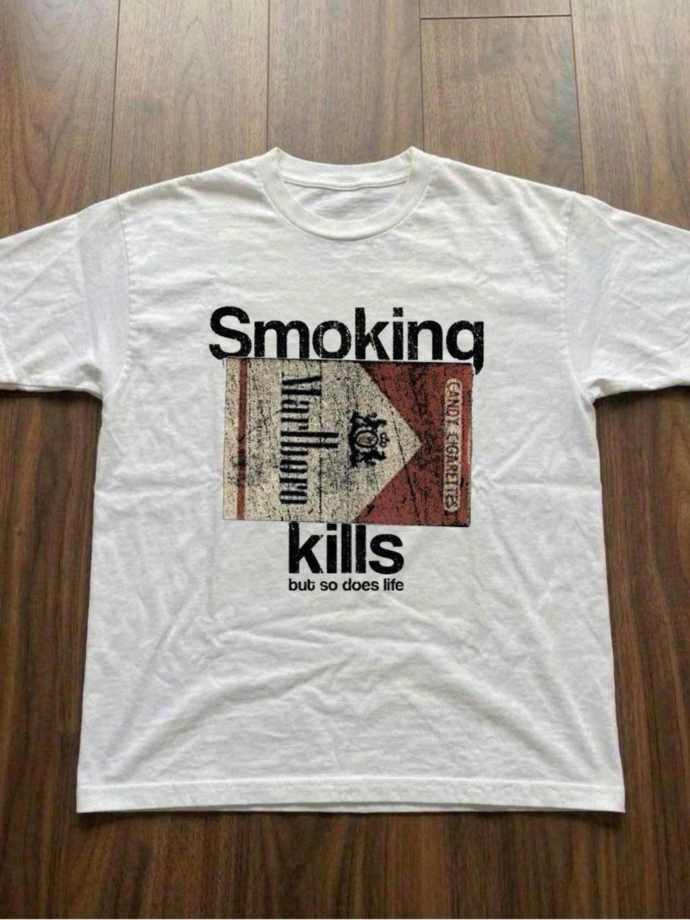 Gildan White Graphic Tee with Black & Brown 'Smoking Kills' Design